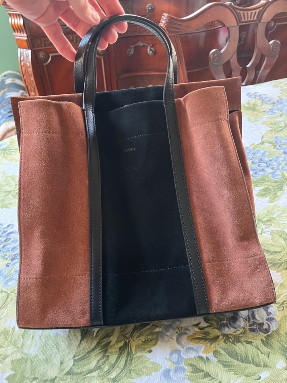 Fossil Brown Suede and Black Leather Panel Tote
